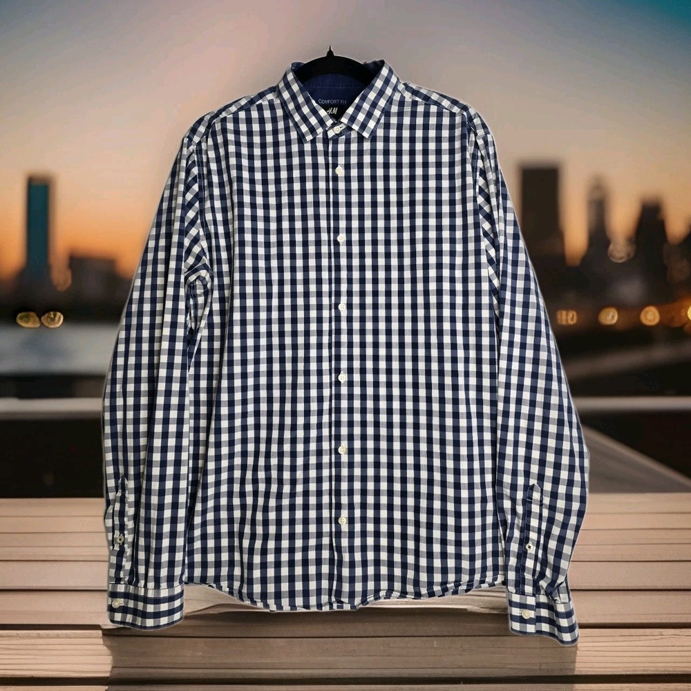 H&M Navy and White Plaid dress shirt button down long sleeve SZ: LARGE‎ EUC